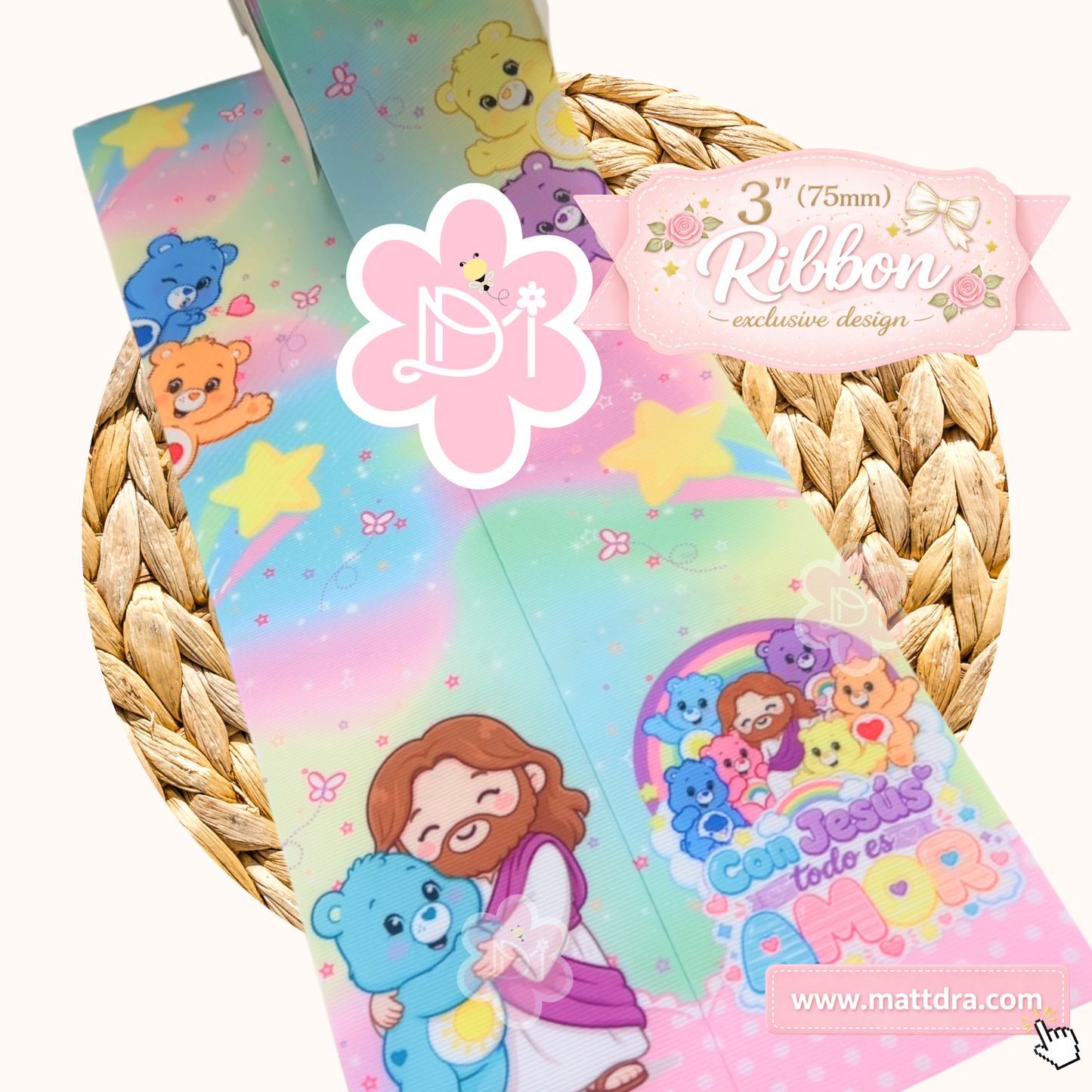 Tiras de Cinta Grosgrain 3” Con Jesús Todo es Amor |Rainbow | Diseño Exclusivo