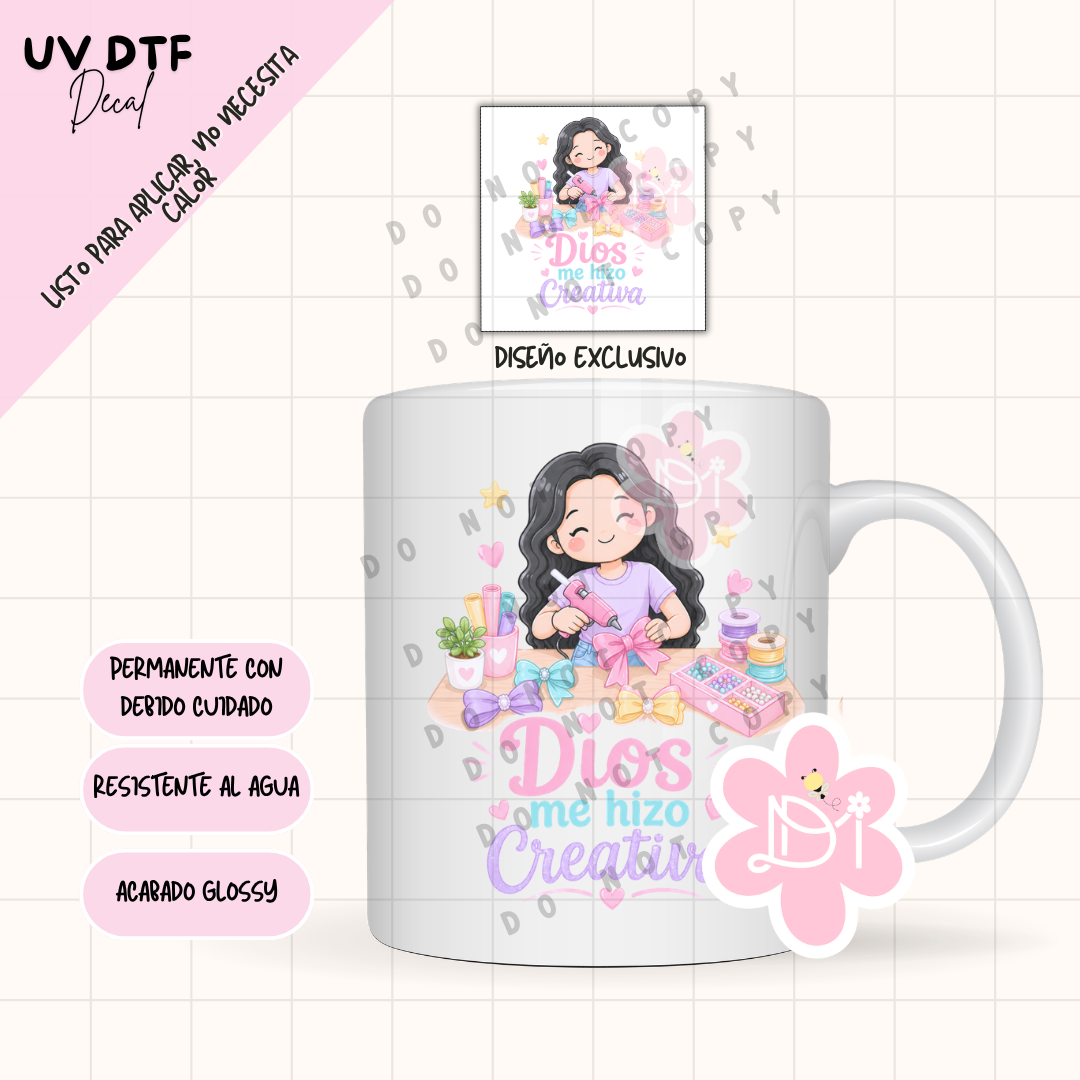 UV DTF Decal Cristiano “Dios Me Hizo Creativa” – Diseño Exclusivo para Craft Lovers
