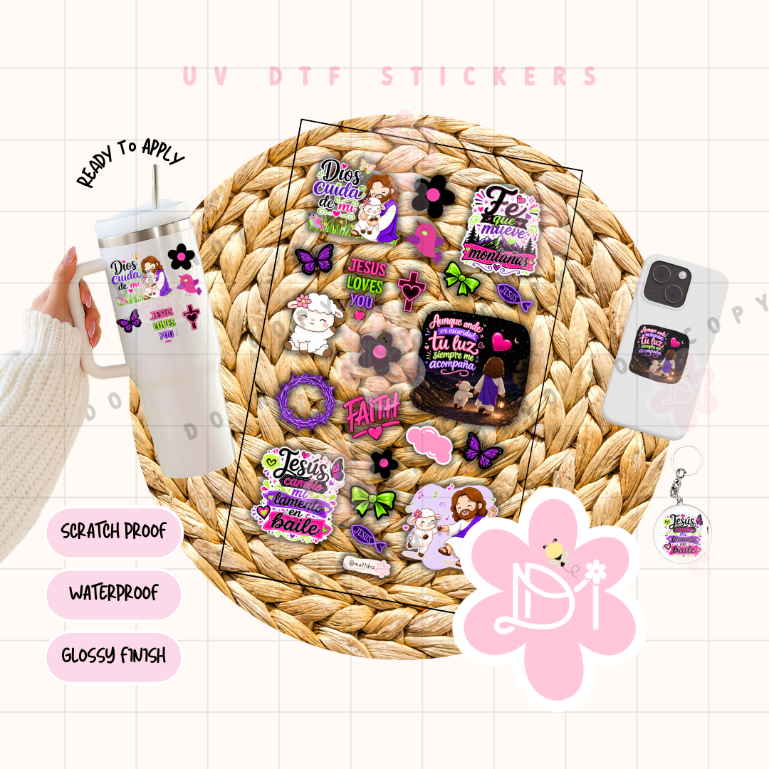 Hoja UV DTF Stickers Cristianos Neon – Diseños Exclusivos Waterproof