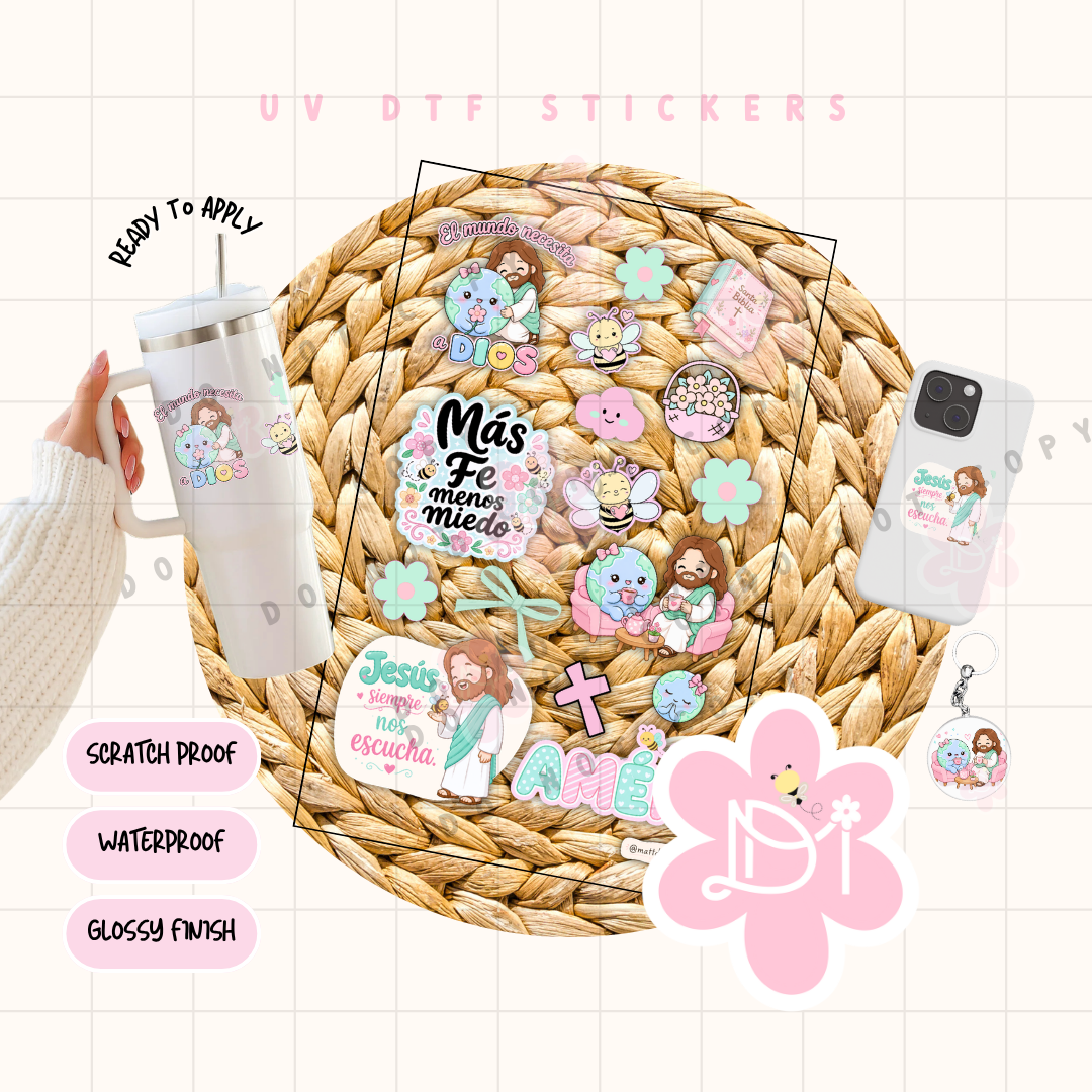 Hoja UV DTF Stickers Cristianos Pastel – Diseños Exclusivos Waterproof- El mundo necesita a Dios
