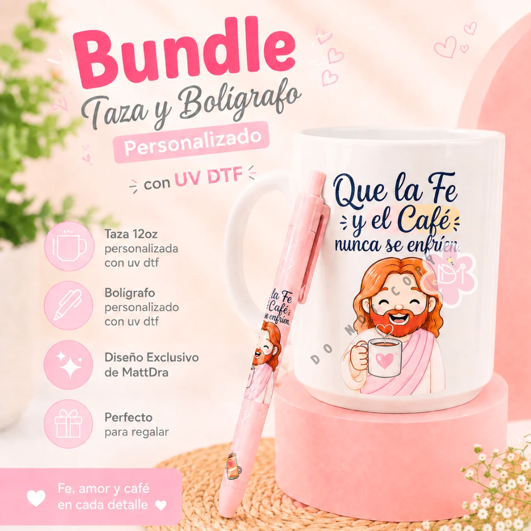 Handmade Bundle Personalizado Taza 12oz y Bolígrafo UV DTF – Que la Fe y el Café Nunca se Enfríen