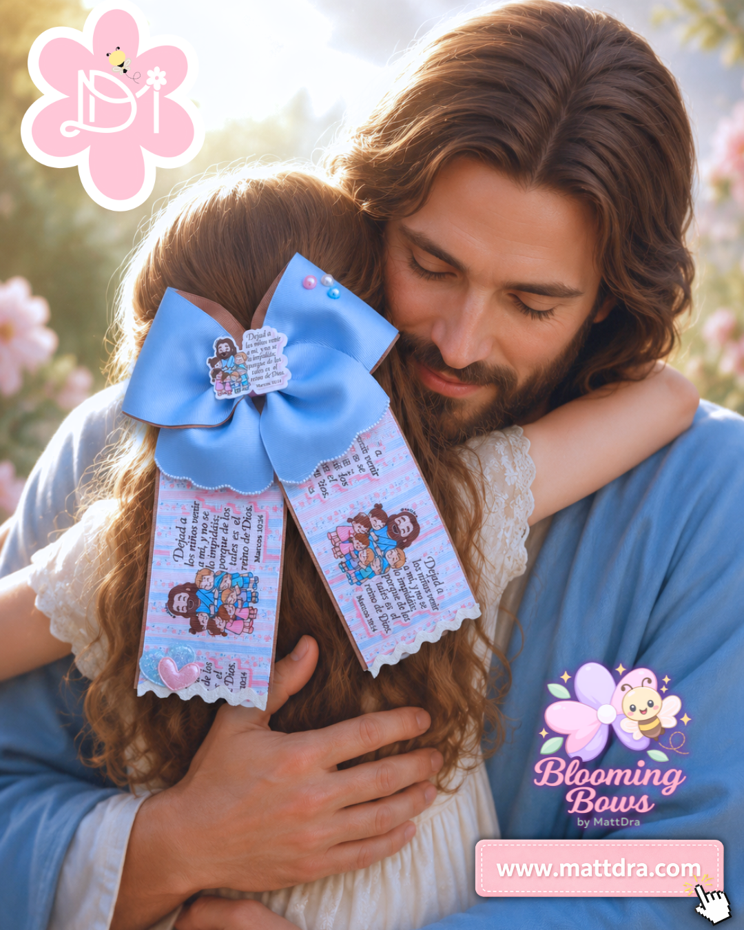 Handmade Lazo Cristiano para Niña Marcos 10:14 – Jesús y los Niños | Boutique Hair Bow Azul Pastel