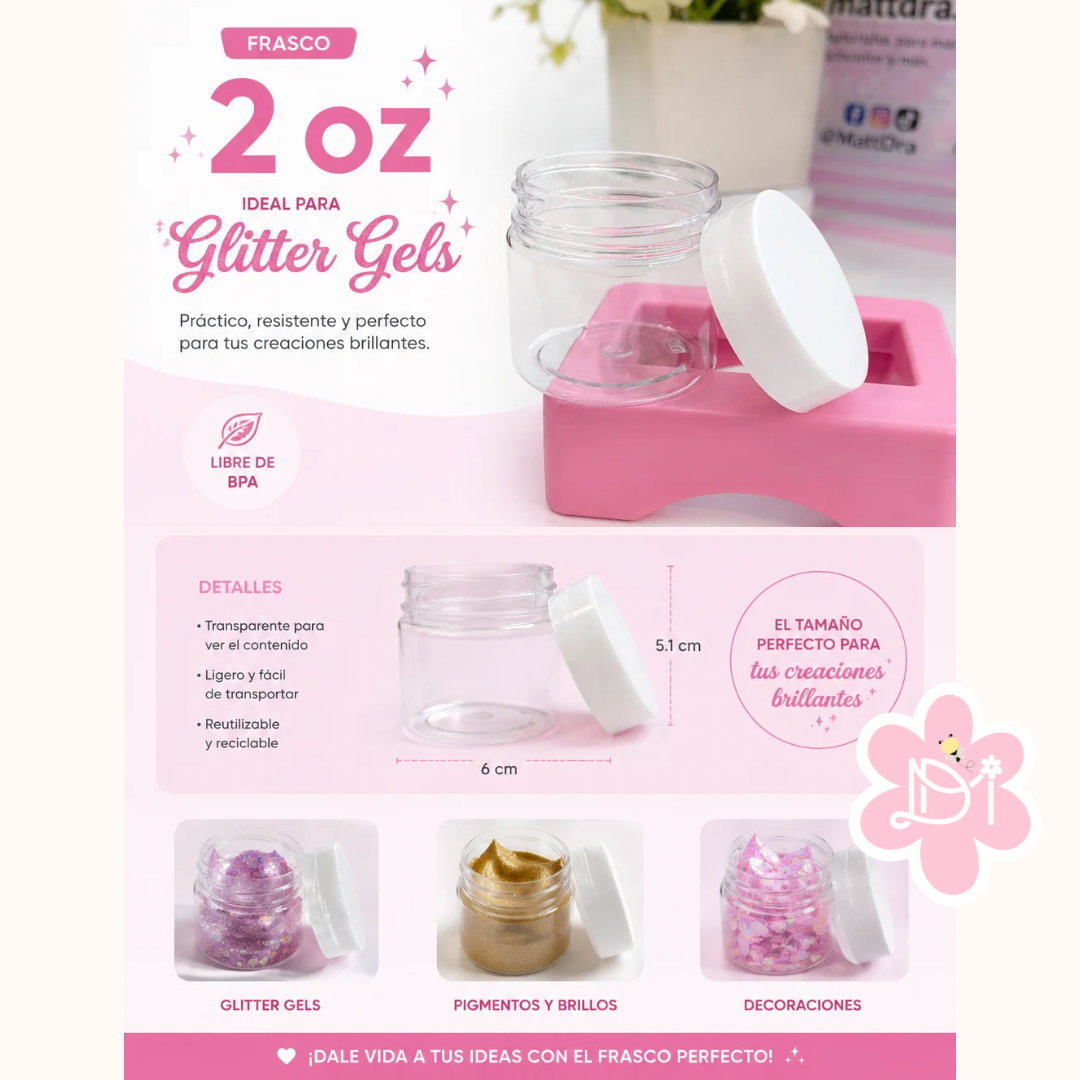 Frasco Transparente 2 oz para Glitter Gels, Pigmentos y Decoraciones | BPA Free