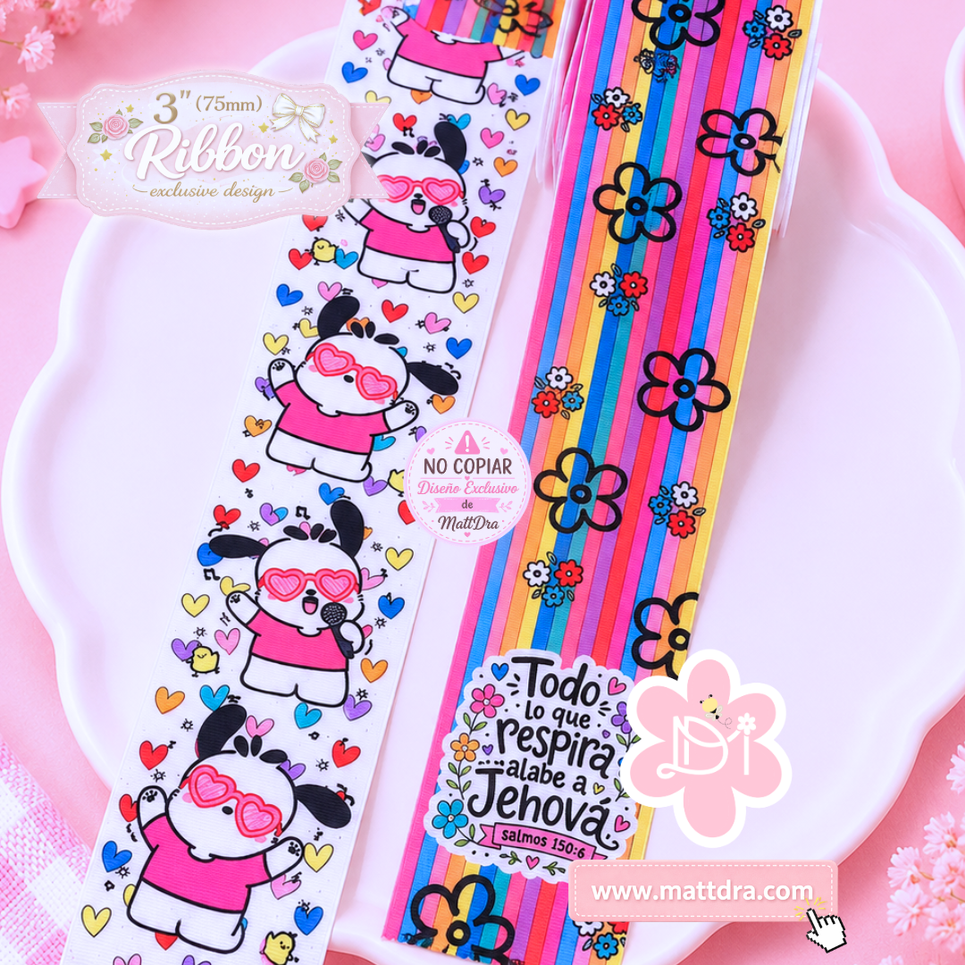 3” Exclusive Christian Strip Grosgrain Ribbon | Psalm 150:6 & Kawaii Dog Design | 75mm