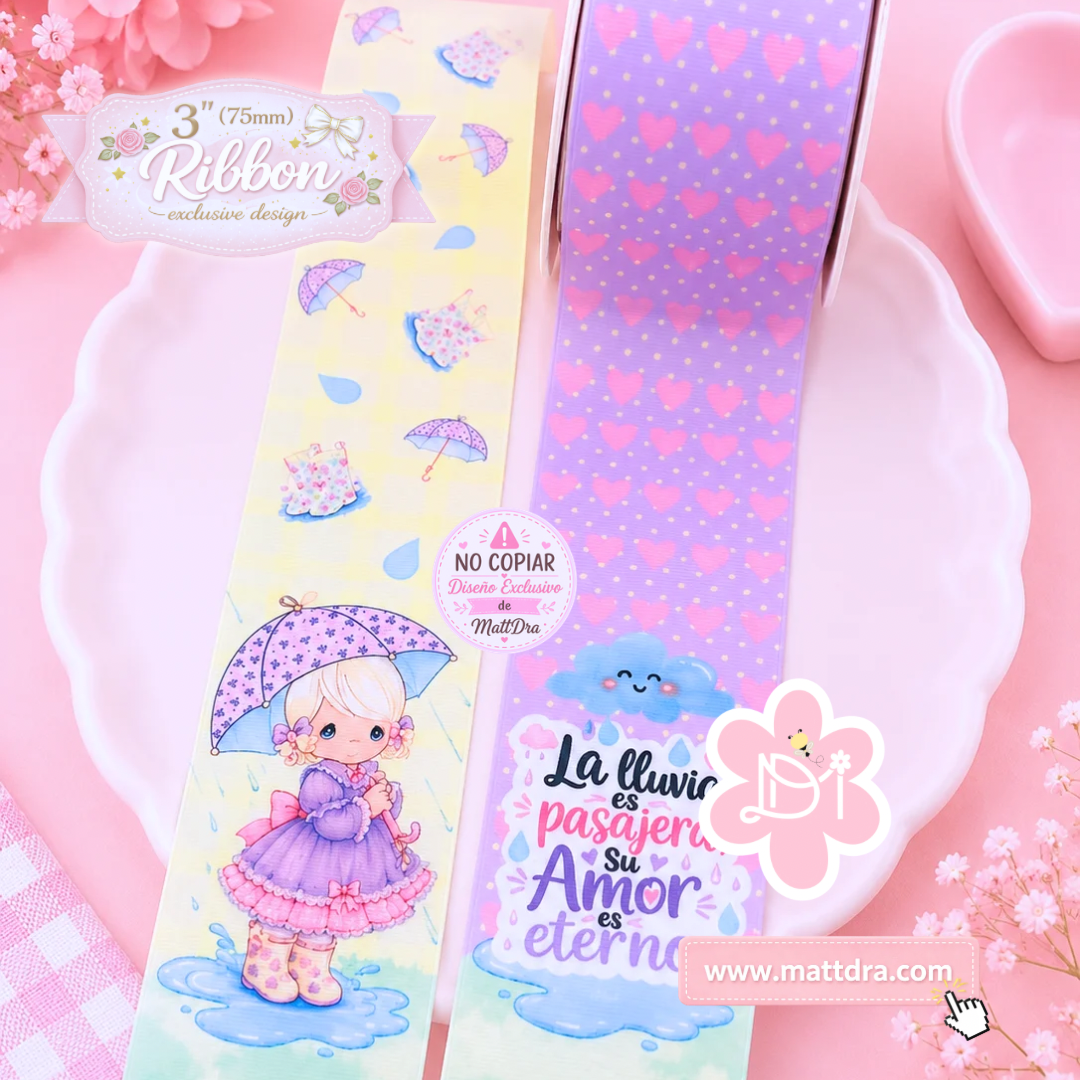 Exclusive 3” Strip Grosgrain Ribbon – Rainy Day Christian Girl Design | 75mm