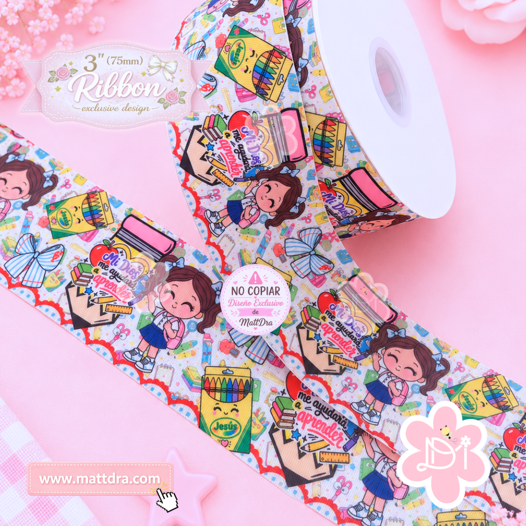 3” Grosgrain Ribbon | My God Will Help Me Learn | Christian School Ribbon | 75mm Exclusive Design