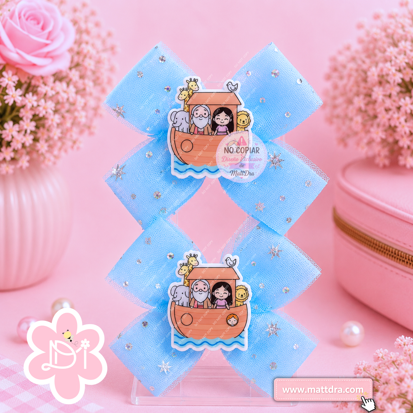 Noah's Ark Christian Boutique Hair Bow Set for Girls | Blue Tulle Ribbon Hair Bows with Planar Resin Embellishment
