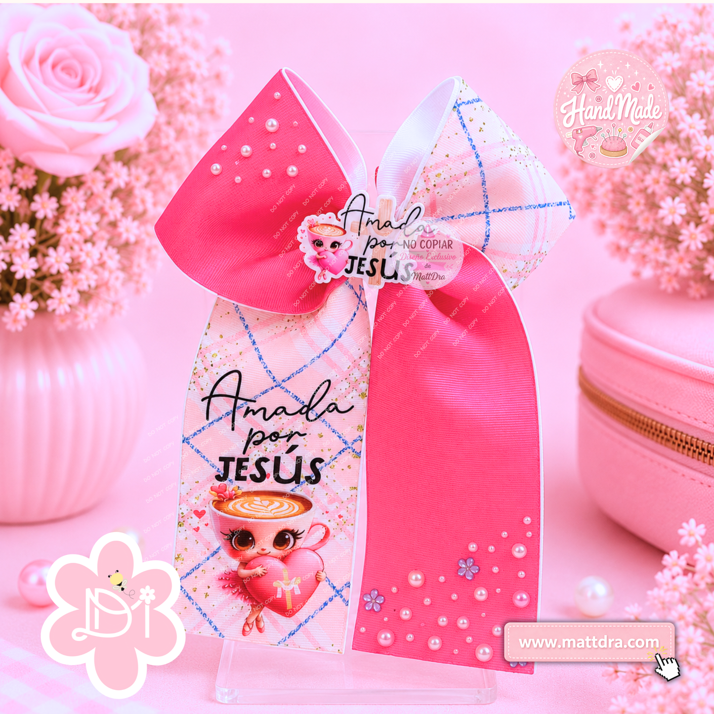 Christian Boutique Cheer Hair Bow for Girls | "Amada por Jesús" Large Ribbon Ponytail Bow with Exclusive MattDra Design