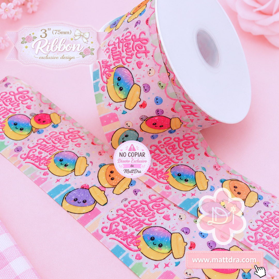 3" Exclusive Grosgrain Ribbon | Let Your Faith Sparkle | Christian Kawaii Ribbon | 75mm-Glitter Dumpling Desing