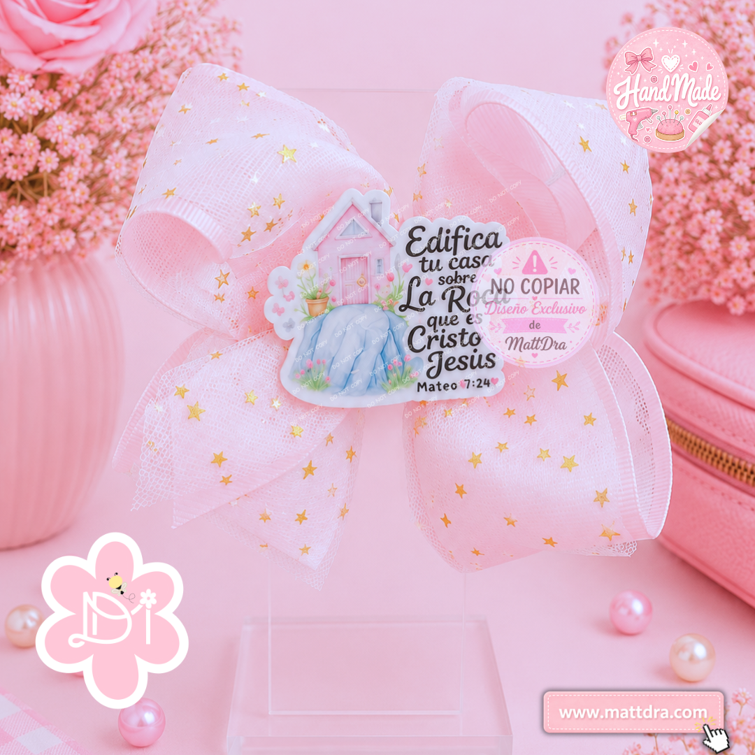 Christian Boutique Hair Bow | "Edifica Tu Casa Sobre La Roca" Handmade Hair Bow | Matthew 7:24 Faith Hair Bow