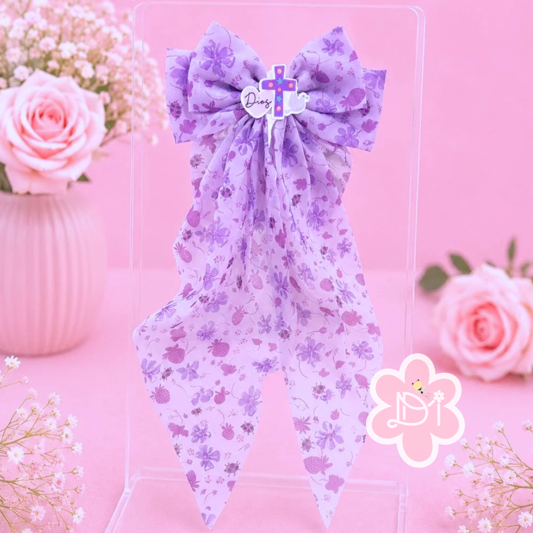 Handmade Christian Lavender Floral Chiffon Hair Bow | God Cross Long Tail Bow