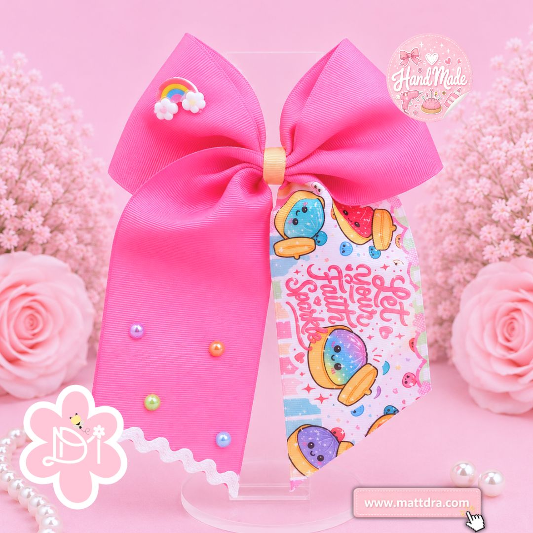 Hair Bow "Let Your Faith Sprinkle" Dumpling Print - Hot Pink Bow with Rainbow & Pearls for Girls