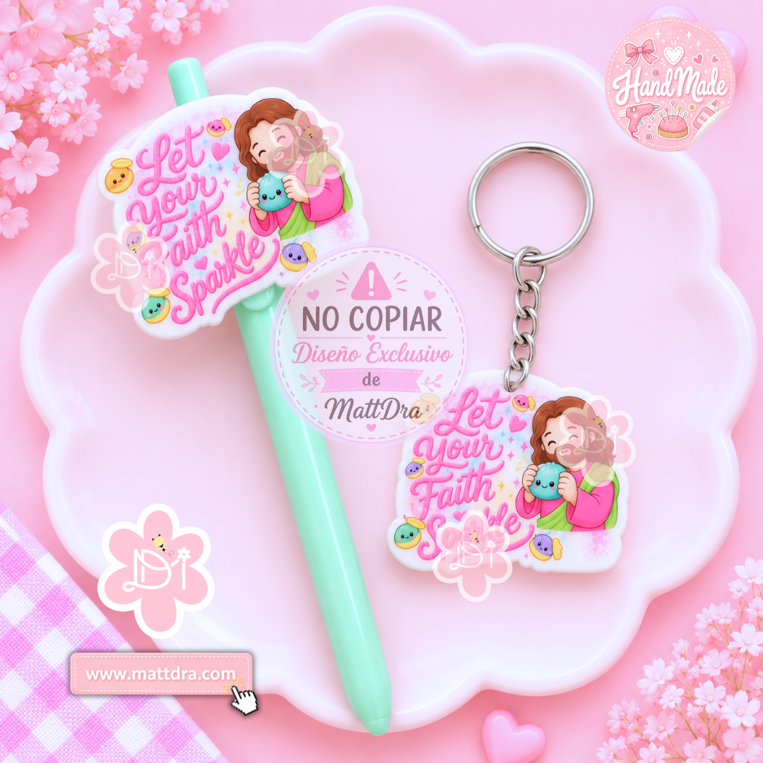 Christian Resin Pen & Keychain Bundle | "Let Your Faith Sparkle" Handmade Gift Set-Dumpling Design