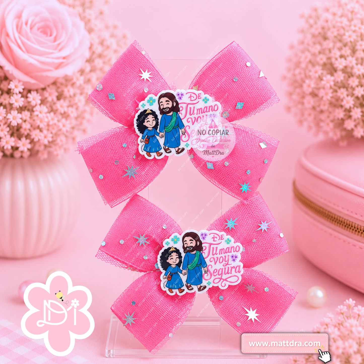 Christian Boutique Hair Bow Set for Girls | "De Tu Mano Voy Segura" Pink Tulle Ribbon Hair Bows with Planar Resin Embellishment