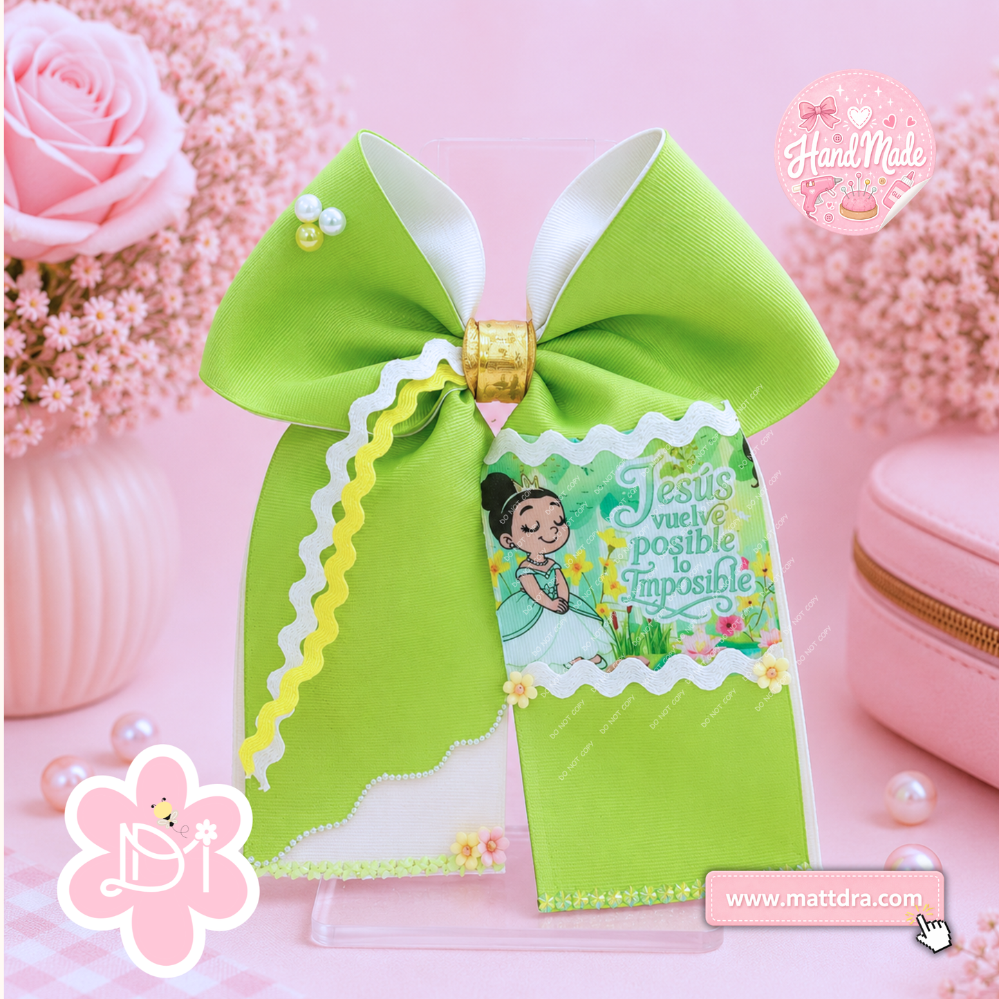 Christian Handmade Ponytail Hair Bow for Girls | Large Boutique 3 Inch Ribbon Bow | "Jesús Vuelve Posible lo Imposible"