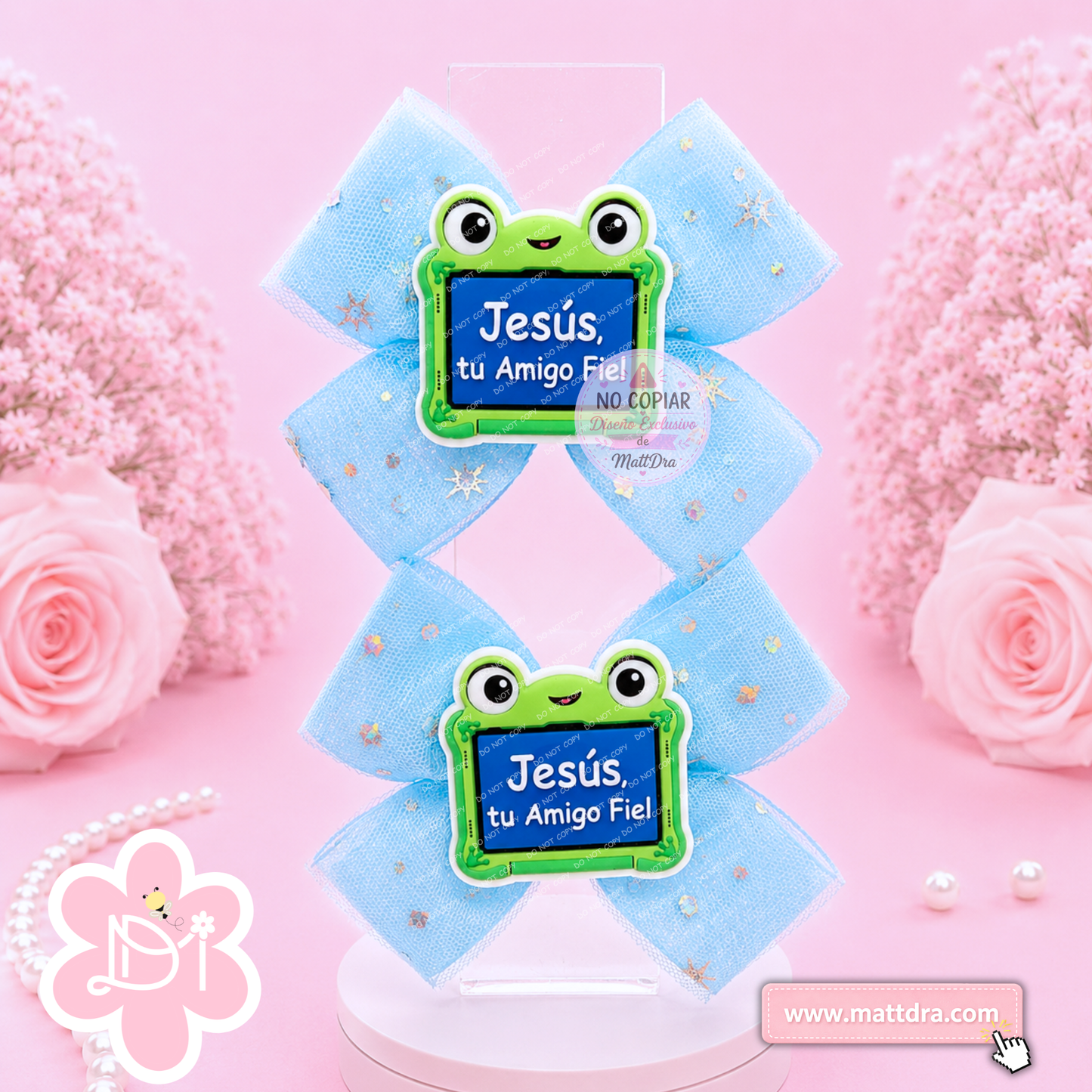 Christian Blue Glitter Boutique Pigtail Bows Set for Girls | "Jesús, Tu Amigo Fiel" Frog Resin Design | Exclusive MattDra Resin