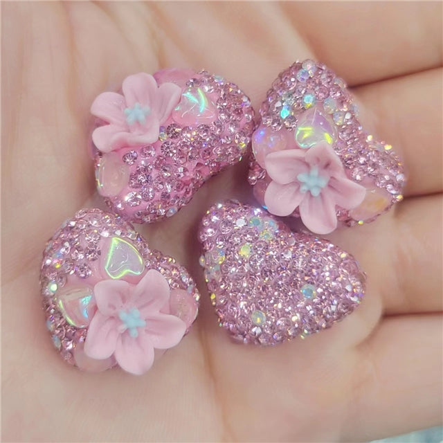 Fancy rhinestone heart with 3d clay flower beads 20mm