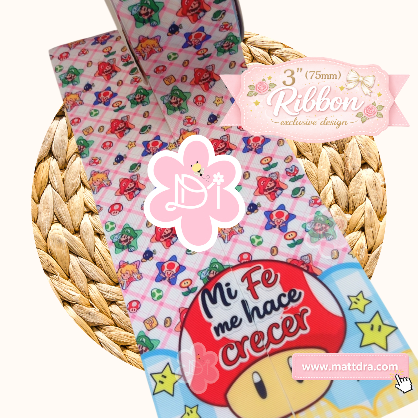 Tira de Cinta Grosgrain 3” Mi Fe Me Hace Crecer | Diseño Exclusivo Gamer Kawaii