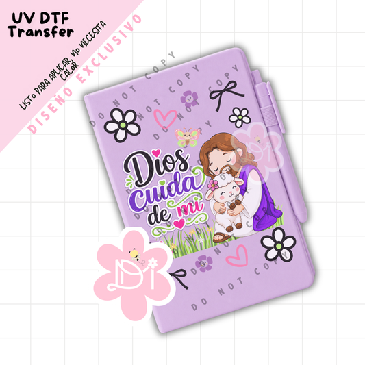 UV DTF Transfer “Dios Cuida de Mí” para Libreta A5 – Diseño Exclusivo Cristiano