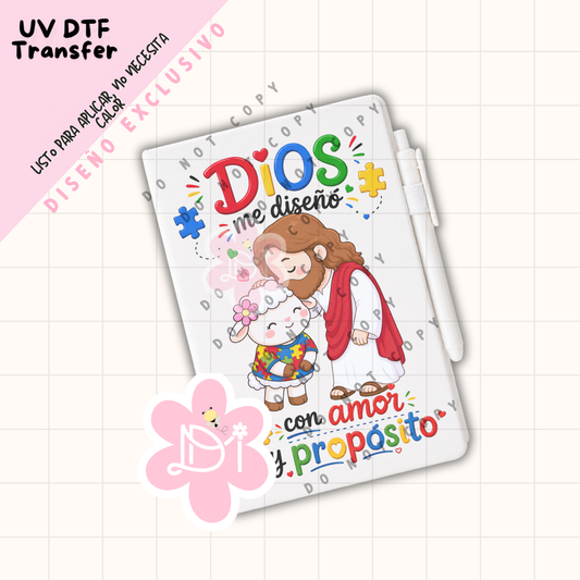 UV DTF Transfer “Dios Me Diseñó con Amor y Propósito” para Libreta A5 – Diseño Exclusivo Cristiano