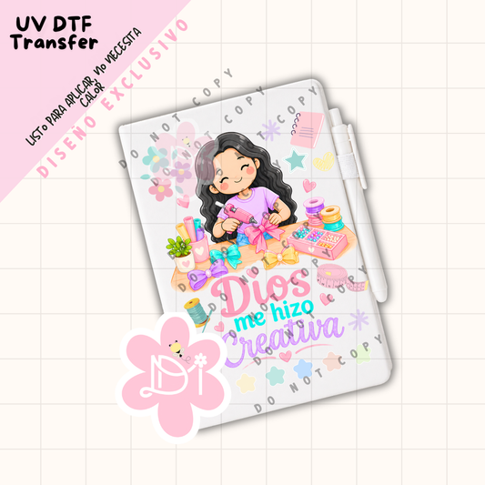 UV DTF Transfer Cristiano “Dios Me Hizo Creativa” para Libreta A5 – Diseño Exclusivo Waterproof
