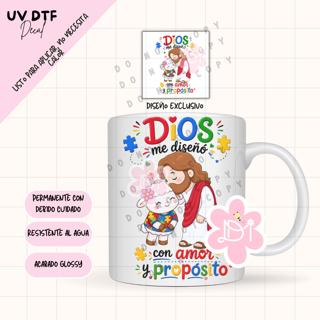 UV DTF Decal Cristiano “Dios Me Diseñó con Amor y Propósito” – Diseño Exclusivo Waterproof