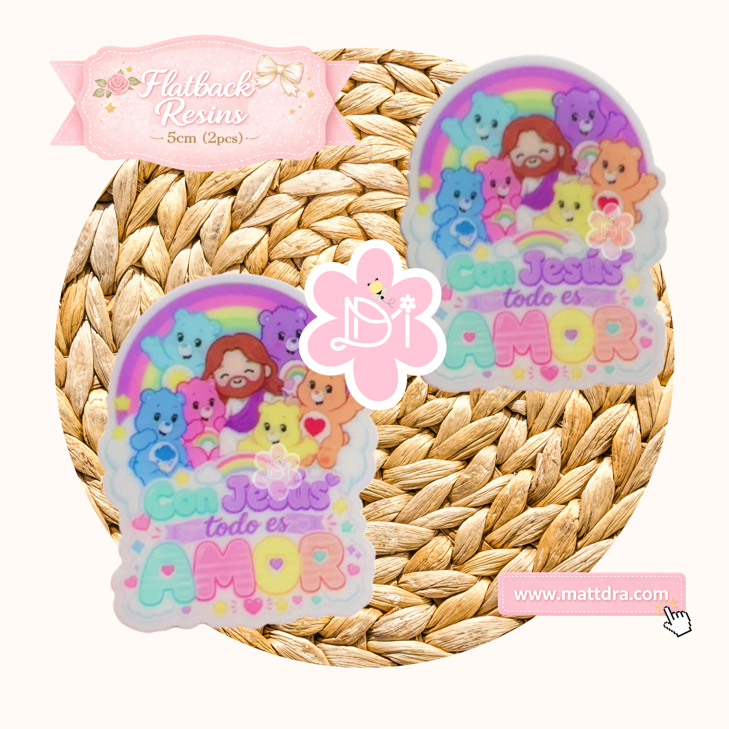 Flatback Resins Con Jesús Todo es Amor | Set de 2 Piezas 5cm