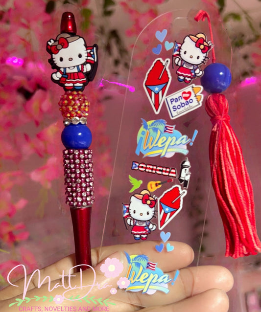 Finished Beadable Pen and Acrylic bookmark Kitty PR