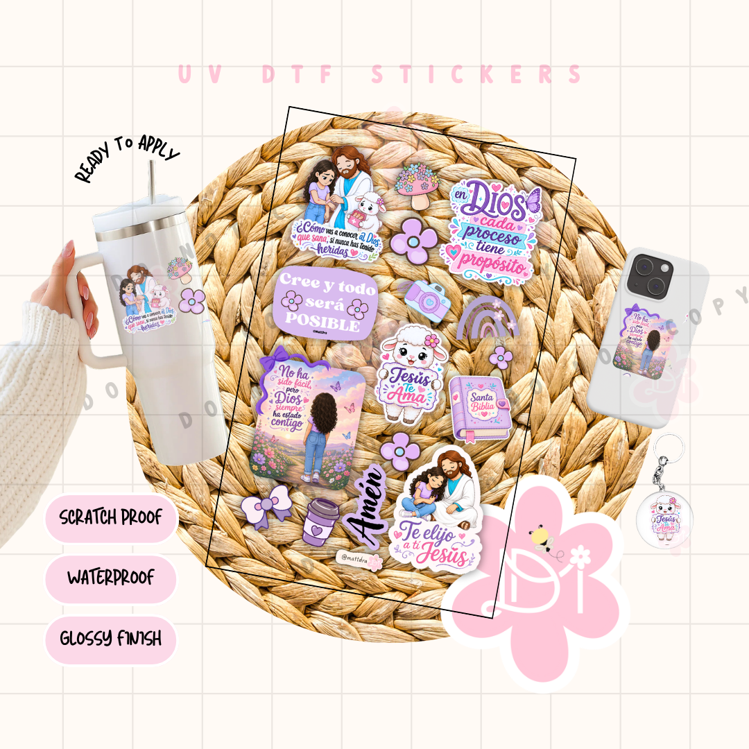 Hoja UV DTF Stickers Cristianos Lavanda – Diseños Exclusivos Waterproof- PROCESO