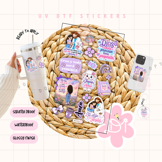 Hoja UV DTF Stickers Cristianos Lavanda – Diseños Exclusivos Waterproof- PROCESO