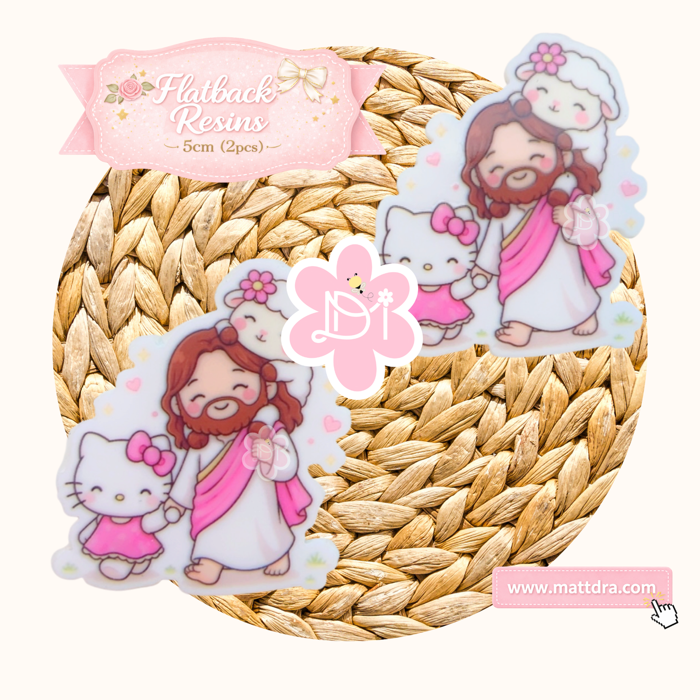 Flatback Resins Jesús, Hello Kitty & Ovejita | Set de 2 Piezas