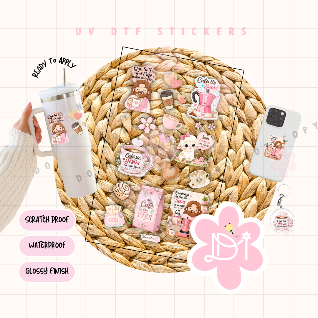 Hoja UV DTF Stickers Cristianos Coffee Lovers – Diseños Exclusivos Waterproof