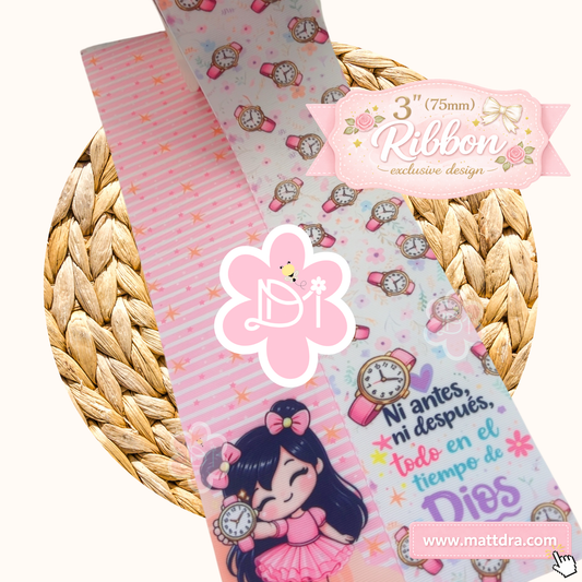 Tira de Cinta Grosgrain 3” Todo en el Tiempo de Dios | Diseño Exclusivo Kawaii