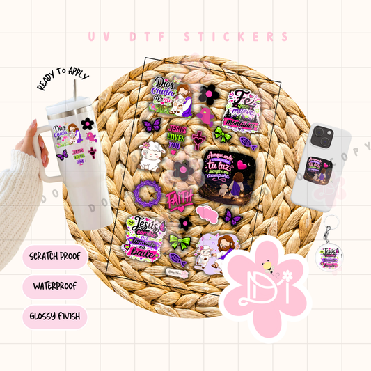 Hoja UV DTF Stickers Cristianos Neon – Diseños Exclusivos Waterproof