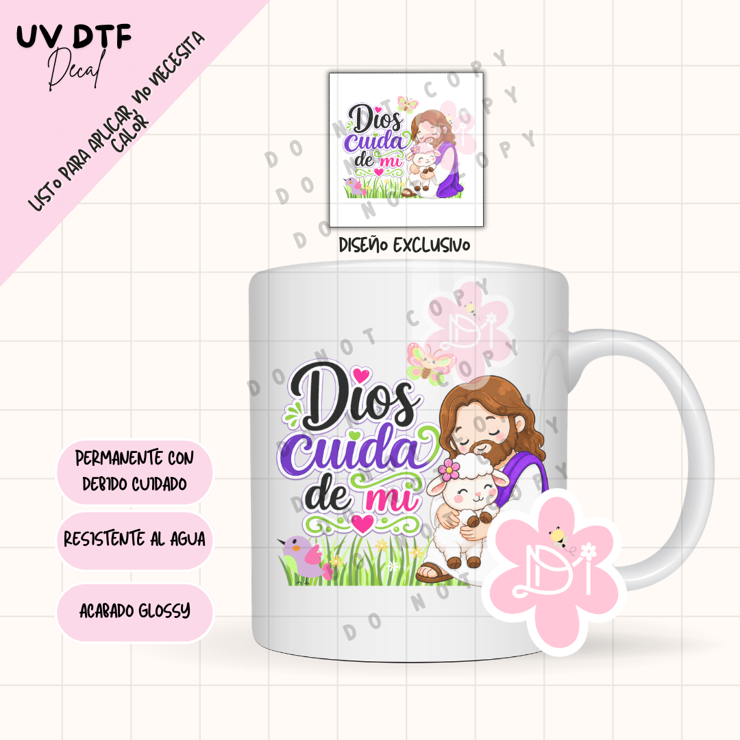 UV DTF Decal Cristiano “Dios Cuida de Mí” – Diseño Exclusivo Waterproof