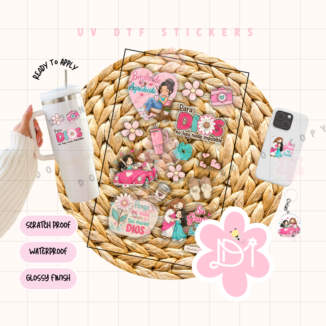 Hoja UV DTF Stickers Cristianos Girly – Diseños Exclusivos Waterproof - Bendecida