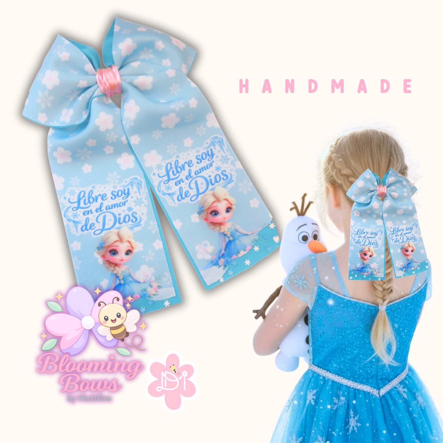 Handmadr - Lazo Coletero Cristiano “Libre soy en el amor de Dios” | Moño para Niñas Azul Princesa ❄️