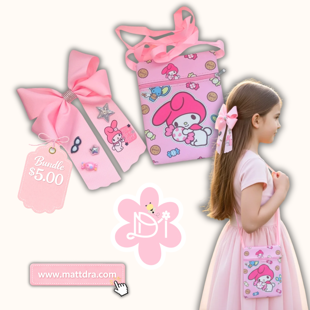 Bundle My Melody Rosa – Lazo Boutique y Crossbody Bag para Niña | Diseño Kawaii