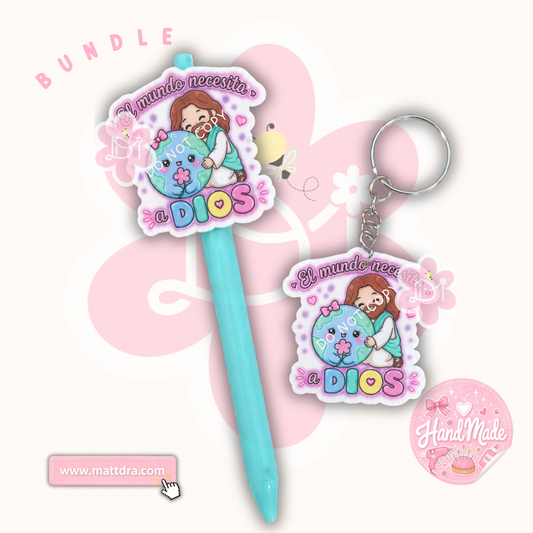 Handmade - Bolígrafo y Llavero Cristiano “El Mundo Necesita a Dios” – Set Cute Jesús y Mundo Kawaii