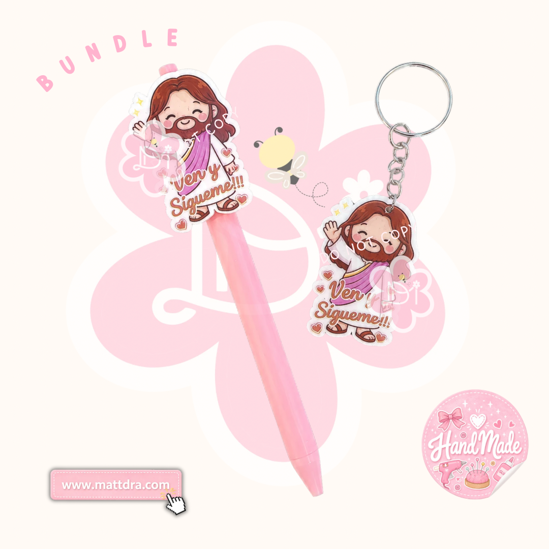 Bundle - Bolígrafo y Llavero Jesús “Ven y Sígueme” – Set Handmade Cristiano Rosa Pastel