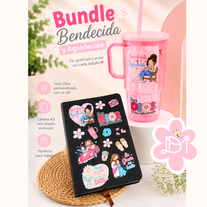 Bundle Cristiano Bendecida y Agradecida | Vaso 20oz Personalizado UV DTF + Libreta A5 Exclusiva