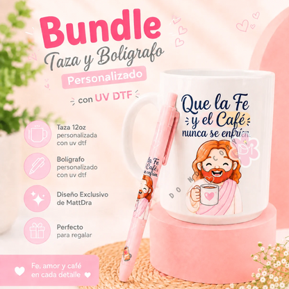 Handmade Bundle Personalizado Taza 12oz y Bolígrafo UV DTF – Que la Fe y el Café Nunca se Enfríen