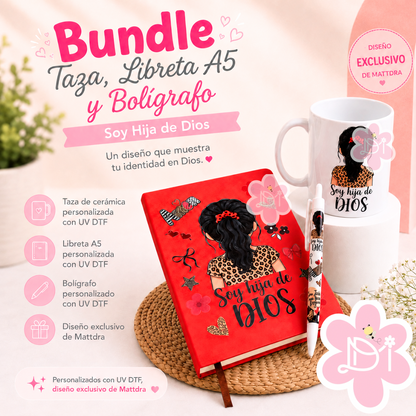 Bundle Personalizado “Soy Hija de Dios” – Taza, Libreta A5 y Bolígrafo con UV DTF | Diseño Cristiano Exclusivo MattDra