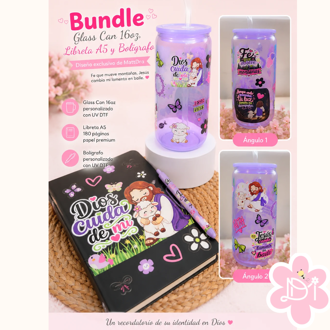 Handmade / Bundle Cristiano Personalizado – Glass Can 16oz + Libreta A5 + Bolígrafo UV DTF | Diseño Exclusivo MattDra