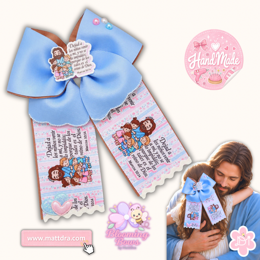 Handmade Lazo Cristiano para Niña Marcos 10:14 – Jesús y los Niños | Boutique Hair Bow Azul Pastel