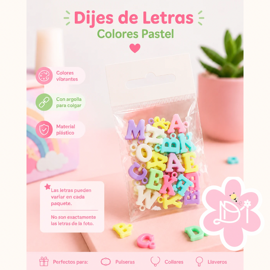 Dijes de Letras Pastel para Pulseras, Collares y Llaveros – Paquete de 21 Letras Plásticas