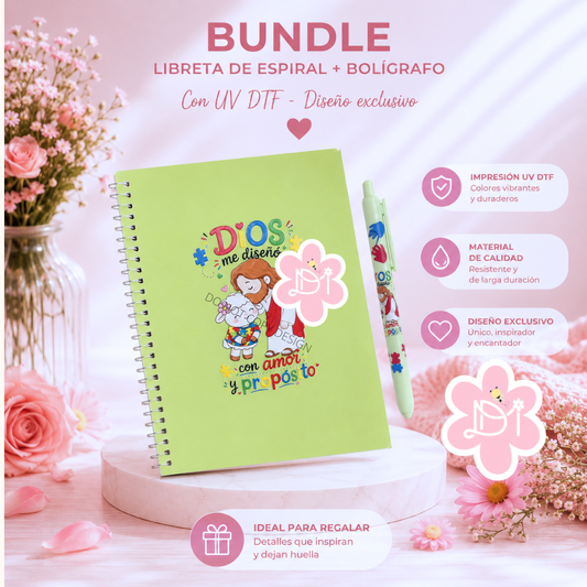 Bundle Libreta Espiral y Bolígrafo Personalizado con UV DTF – Dios Me Diseñó con Amor y Propósito