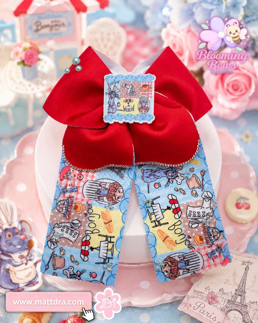 Lazo Handmade Paris Ratoncito para Niñas – Moño Boutique Rojo con Colas Largas