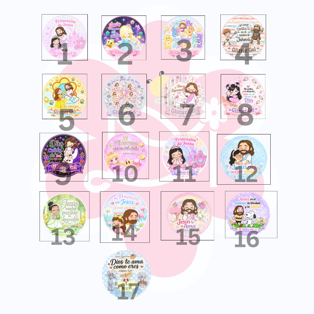 Stickers Redondos para envases de Glitter Gels 1.5” | Diseños Exclusivos Cristianos | Waterproof & Glossy