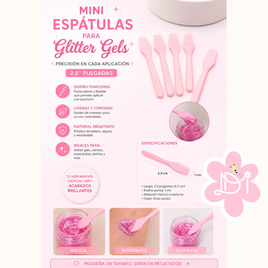 Mini Espátulas para Glitter Gel 2.5” | Aplicador Preciso Reutilizable Rosa Pastel / set 5 pcs